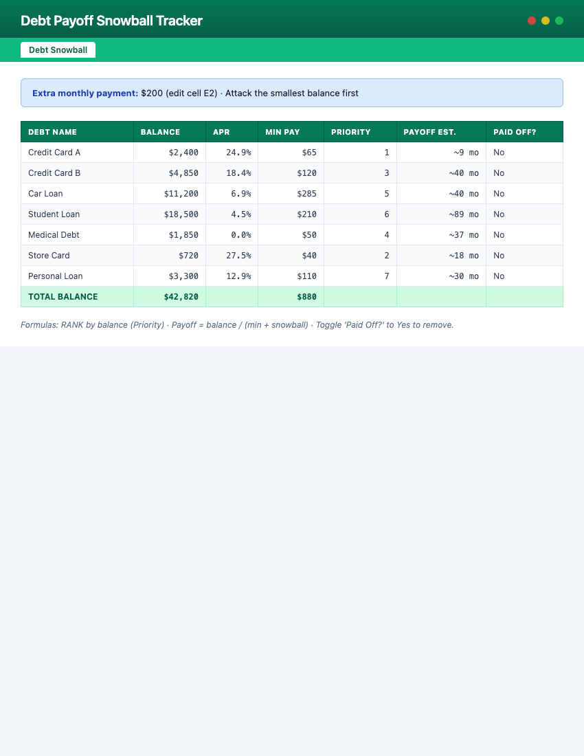 Page 1 of Debt Payoff Snowball Tracker