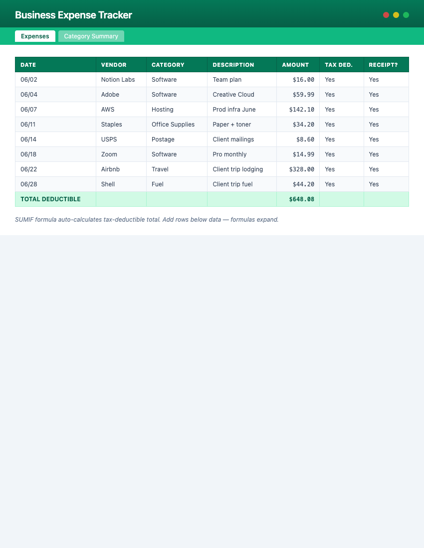 Page 1 of Expense Tracker Spreadsheet
