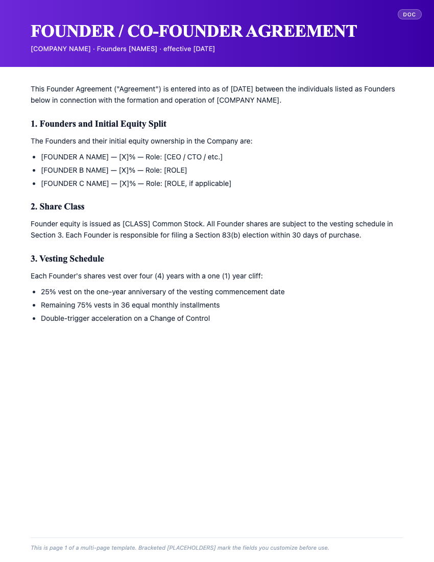 Page 1 of Founder / Co-founder Agreement