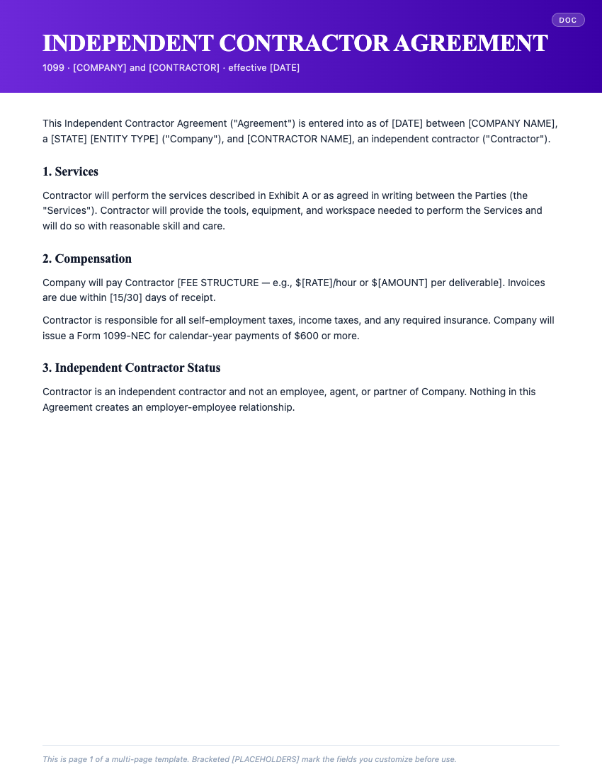 Page 1 of Independent Contractor Agreement (1099)