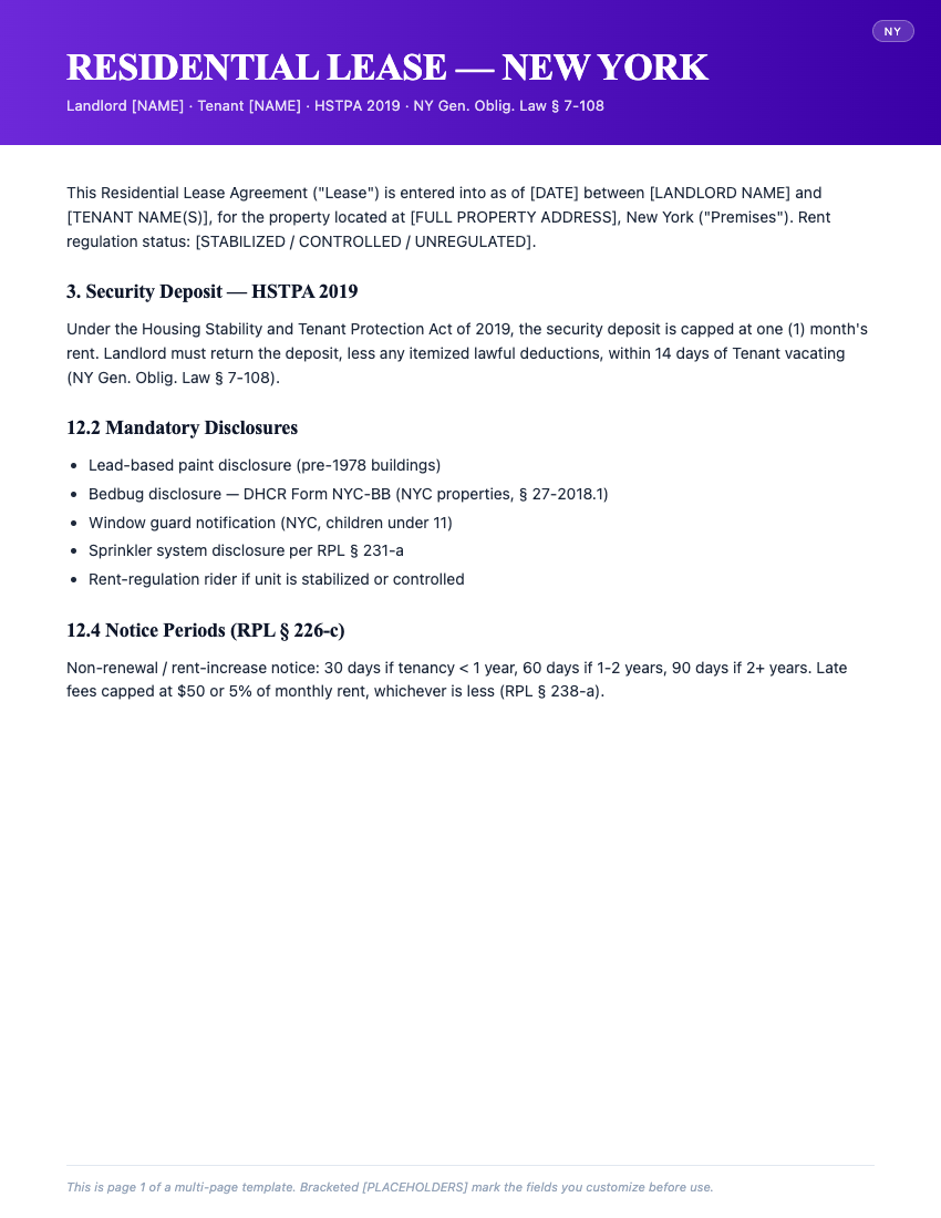 Page 1 of Residential Lease Agreement — New York