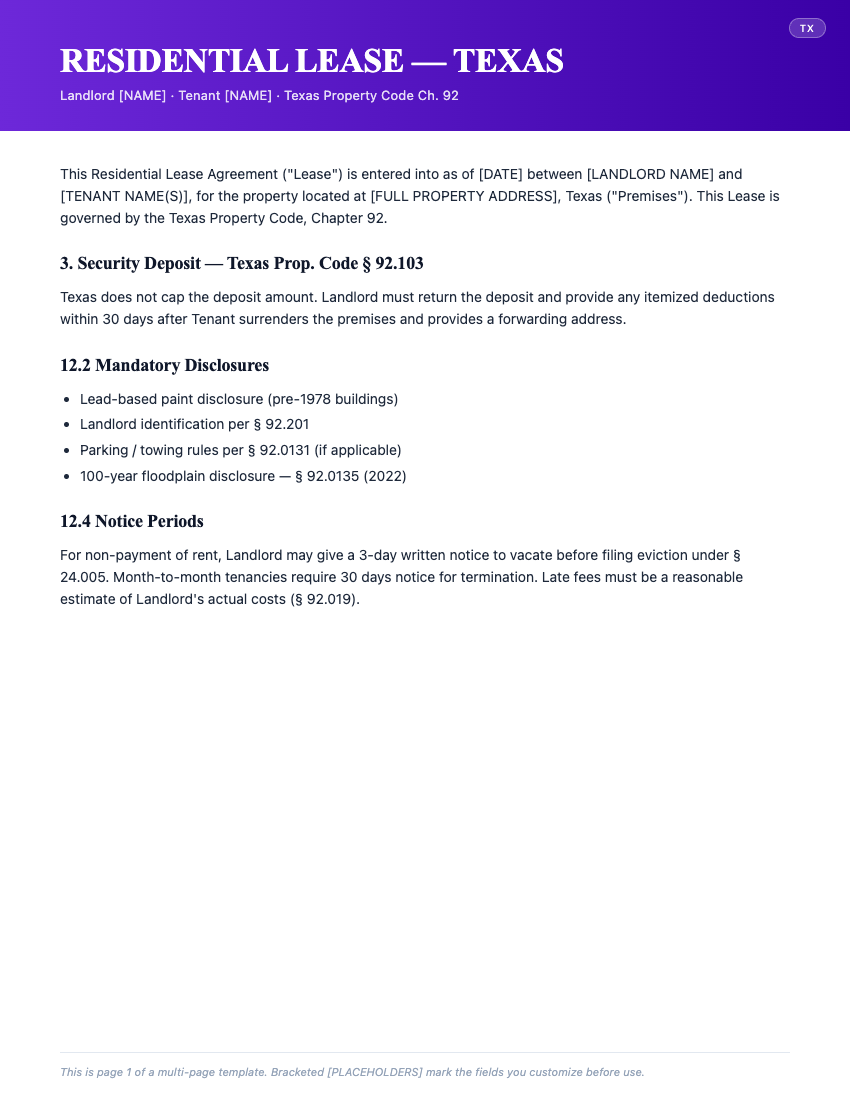 Page 1 of Residential Lease Agreement — Texas