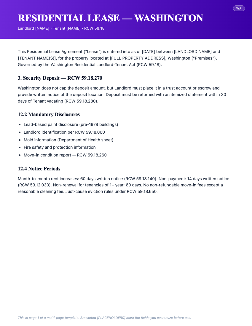Page 1 of Residential Lease Agreement — Washington