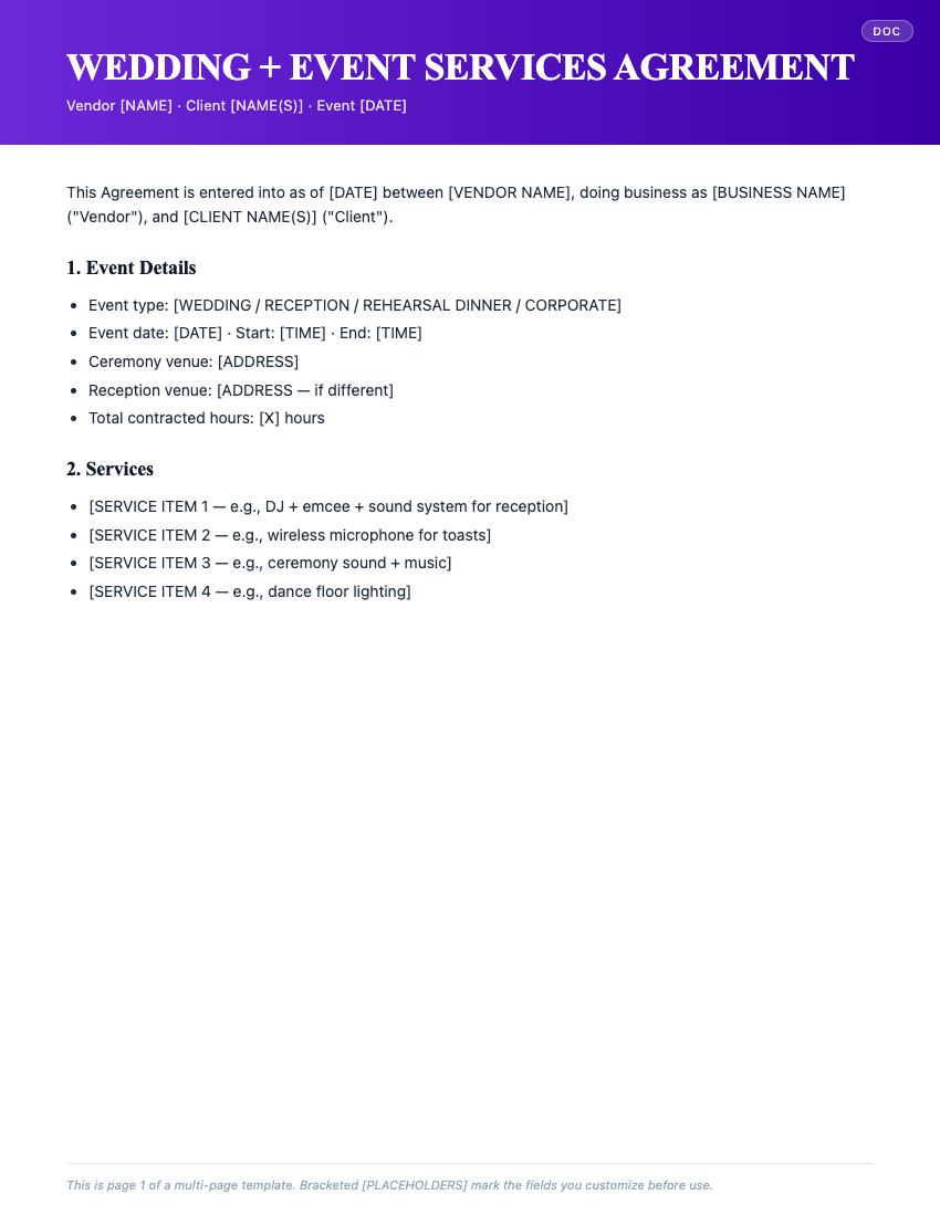Page 1 of Wedding + Event Services Agreement