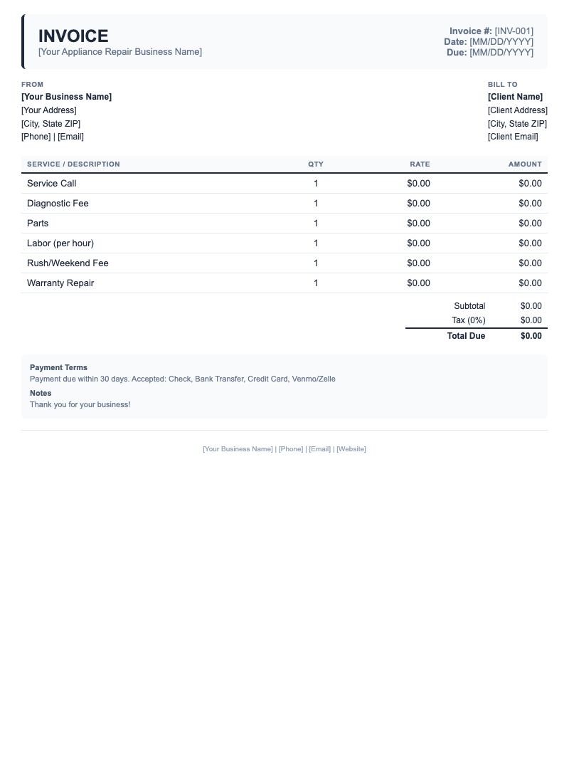 Classic Invoice Template for Appliance Repair