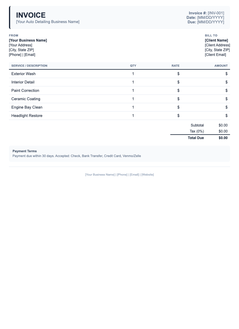 Classic Invoice Template for Auto Detailing