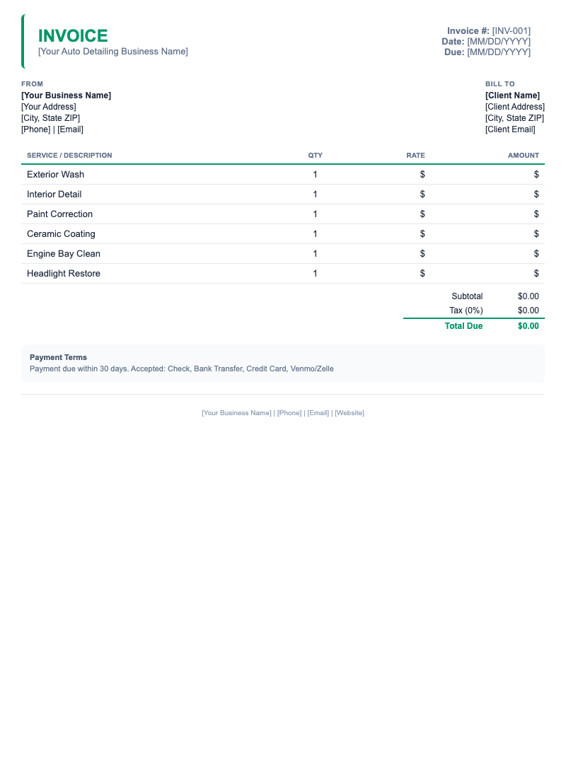 Minimal Invoice Template for Auto Detailing