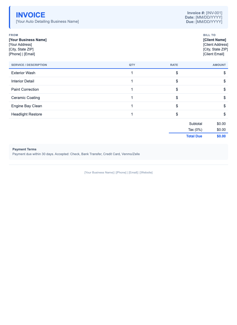 Modern Invoice Template for Auto Detailing