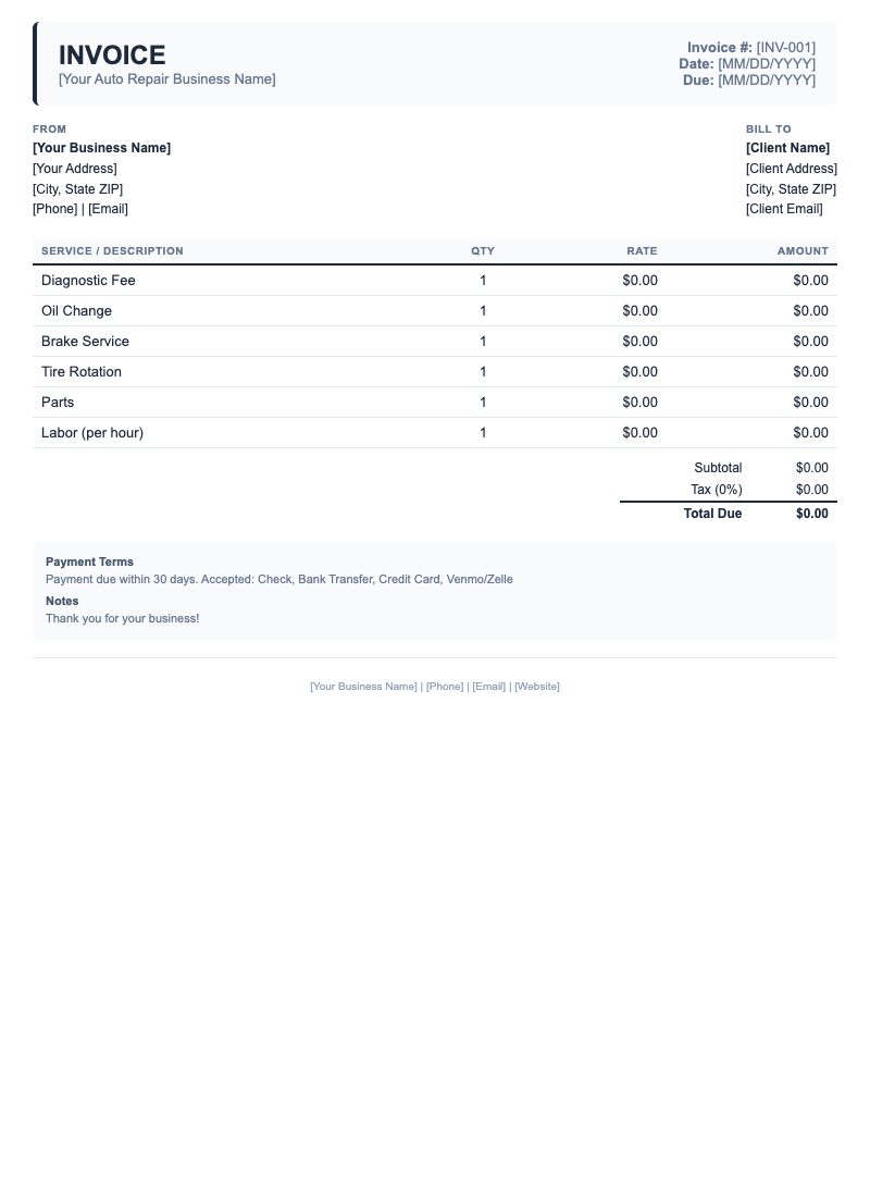 Classic Invoice Template for Auto Repair
