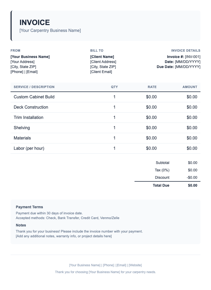Classic Invoice Template for Carpentry