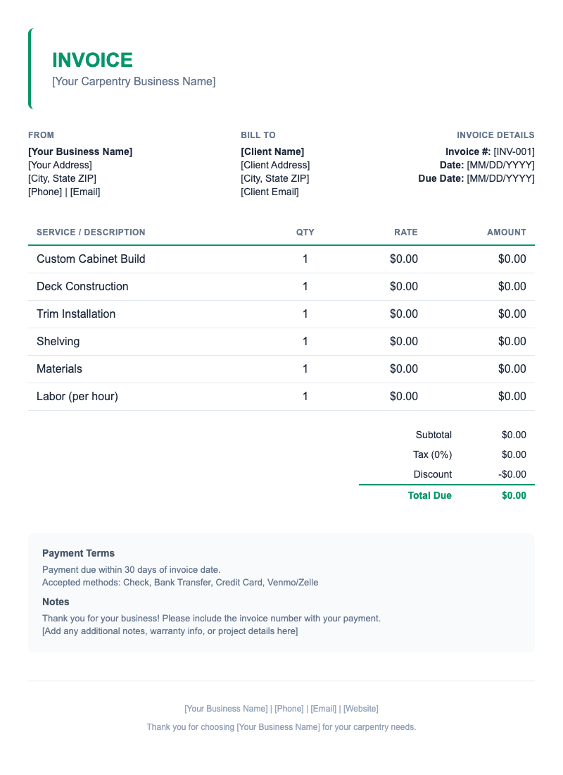 Minimal Invoice Template for Carpentry