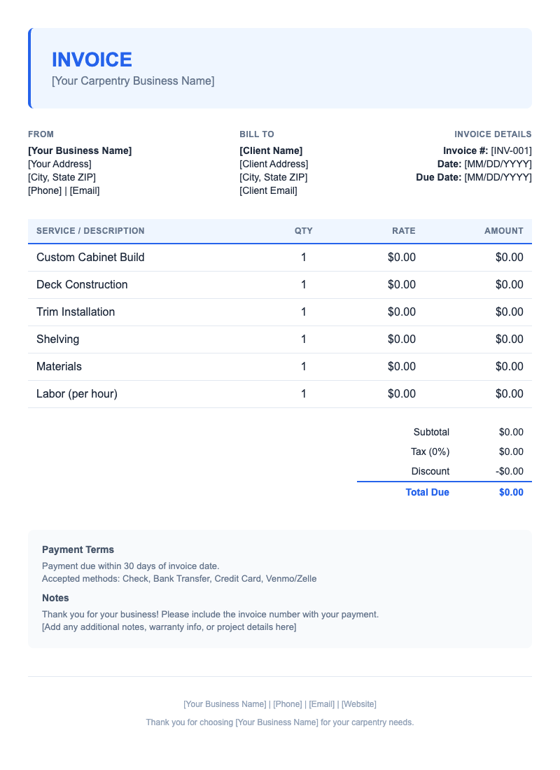 Modern Invoice Template for Carpentry