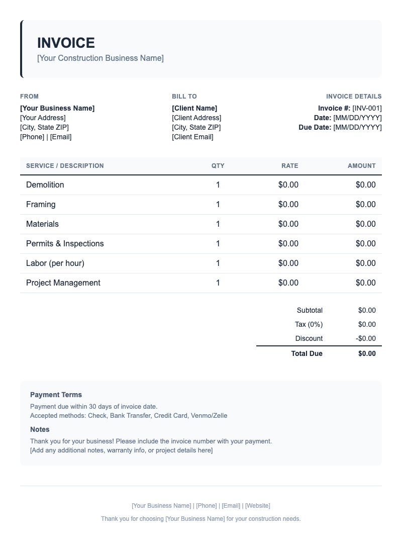 Classic Invoice Template for Construction