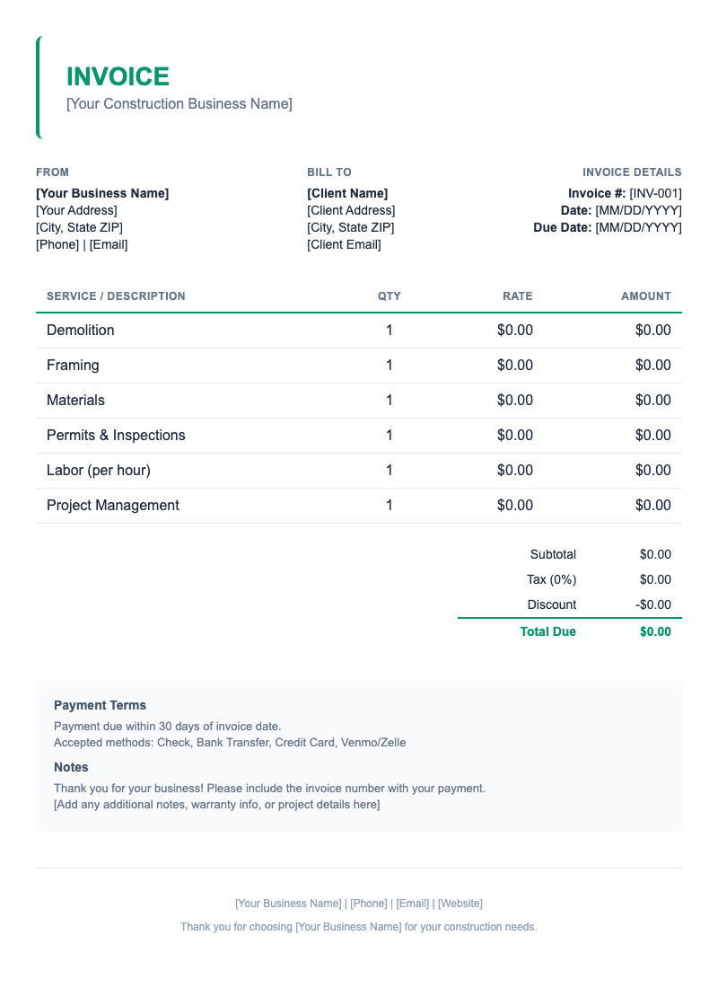 Minimal Invoice Template for Construction