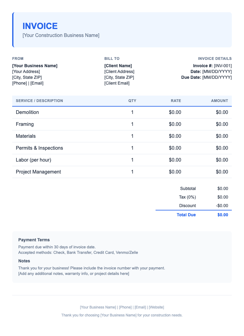 Modern Invoice Template for Construction