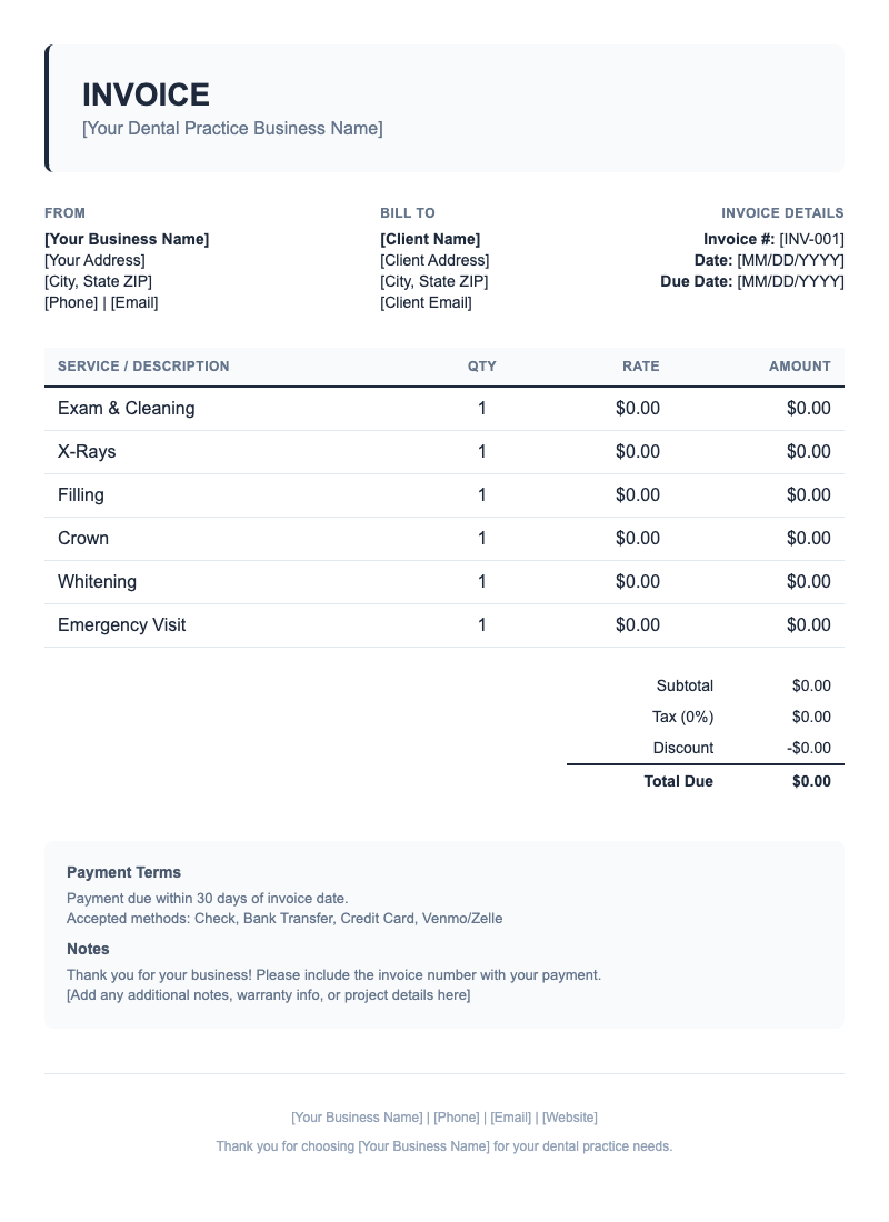 Classic Invoice Template for Dental Practice