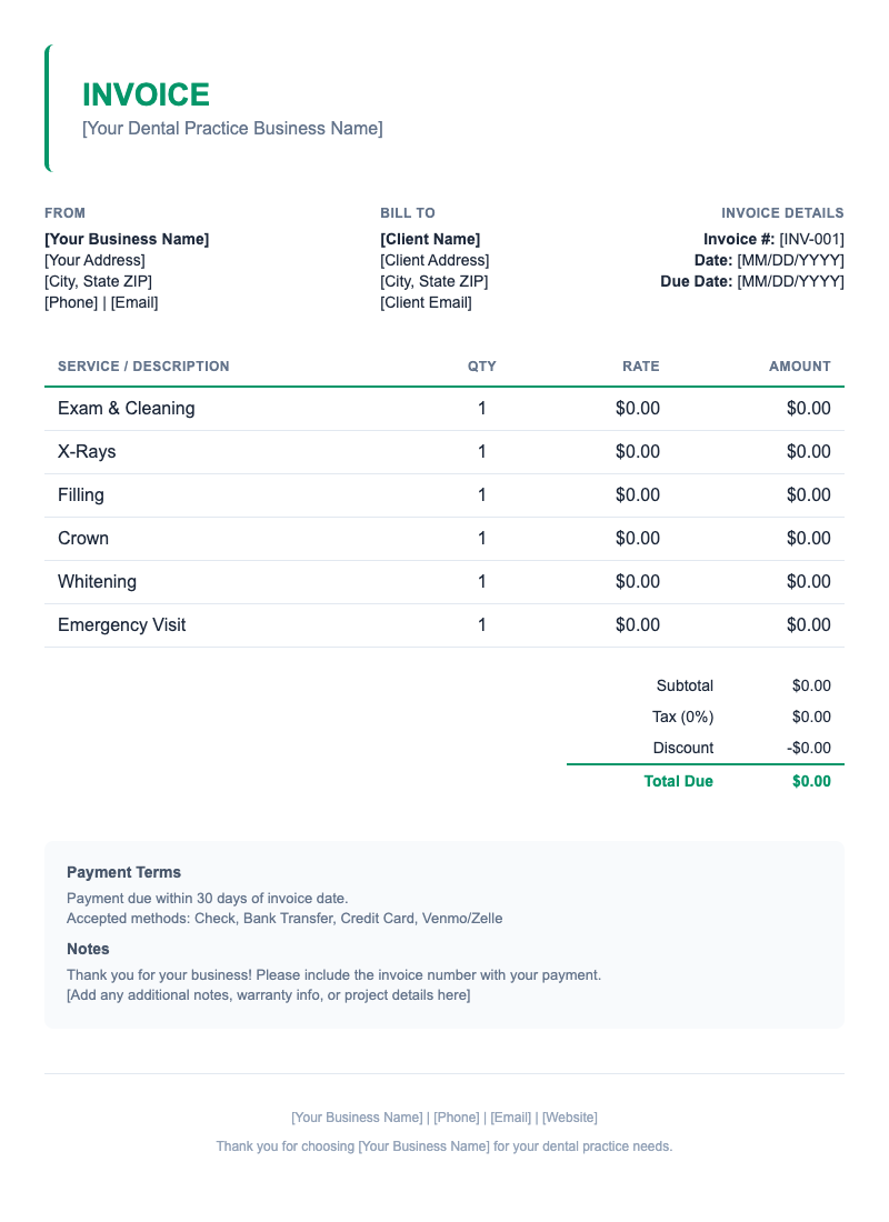 Minimal Invoice Template for Dental Practice