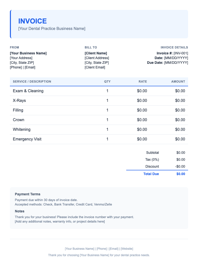 Modern Invoice Template for Dental Practice
