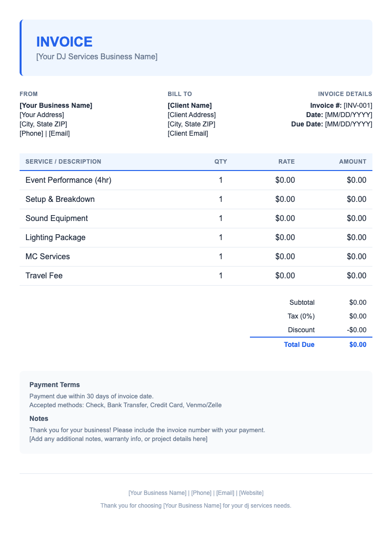 Modern Invoice Template for DJ Services