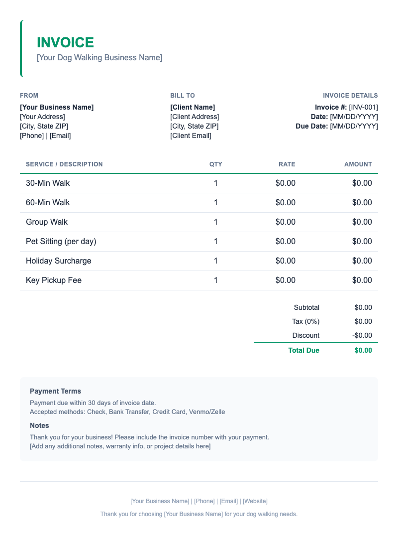 Minimal Invoice Template for Dog Walking