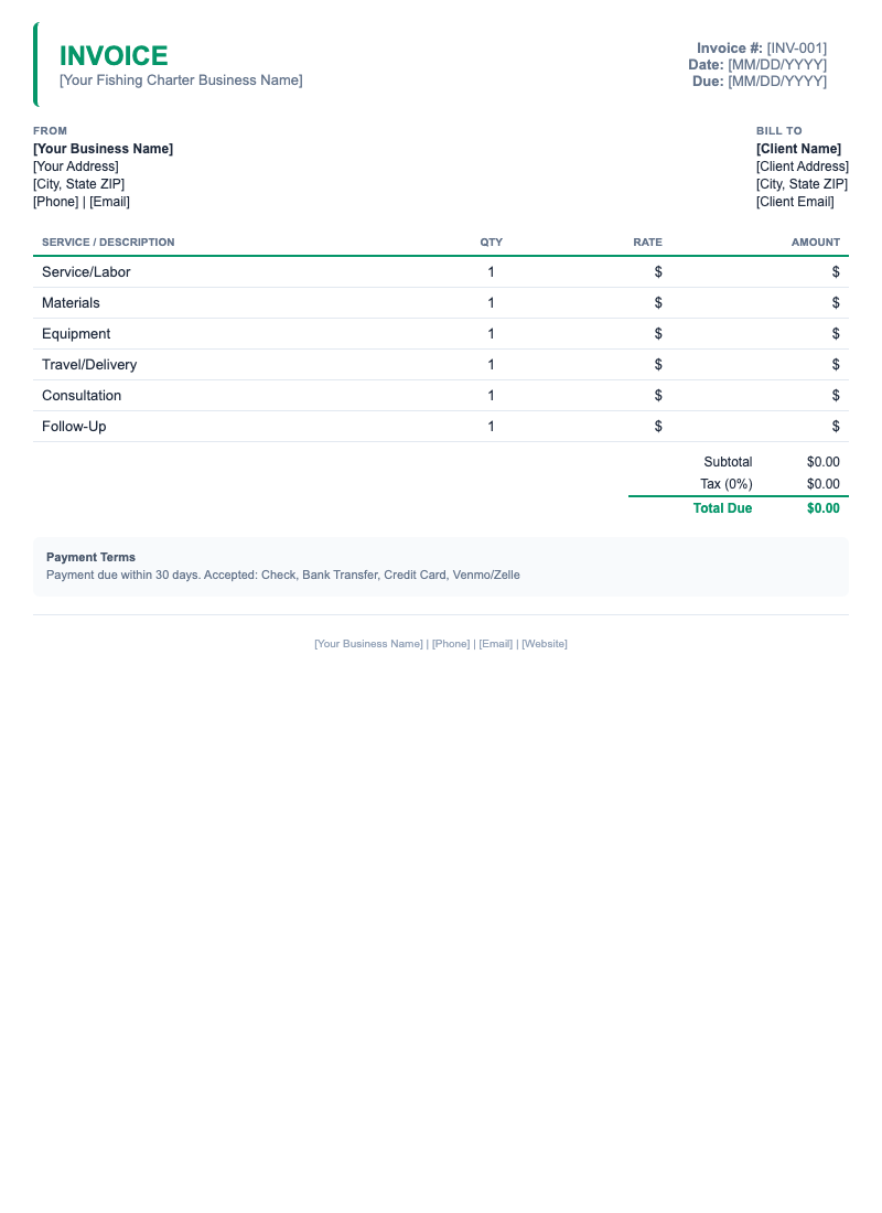 Minimal Invoice Template for Fishing Charter