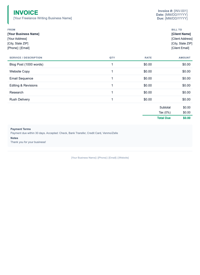 Minimal Invoice Template for Freelance Writing