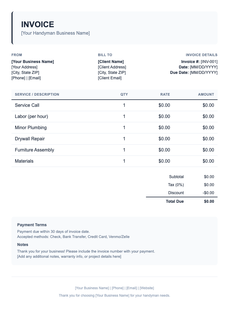 Classic Invoice Template for Handyman