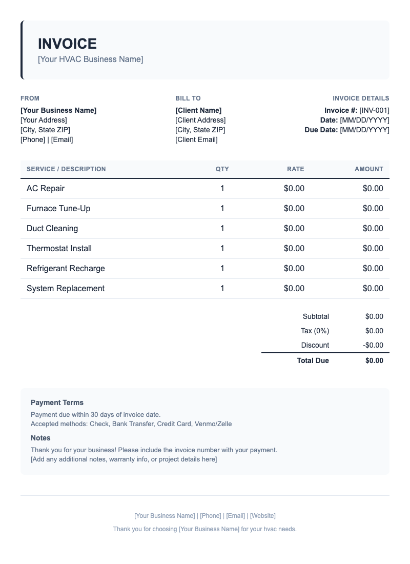 Classic Invoice Template for HVAC