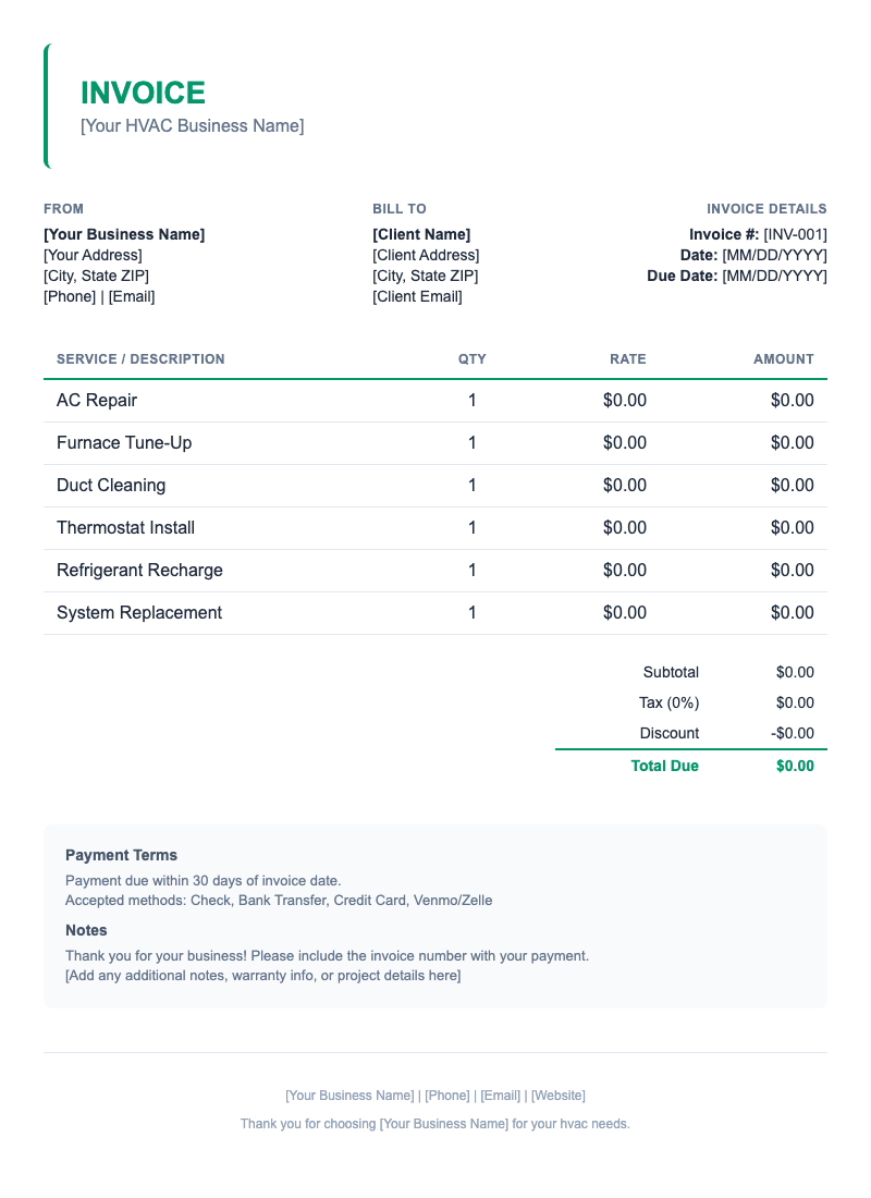 Minimal Invoice Template for HVAC