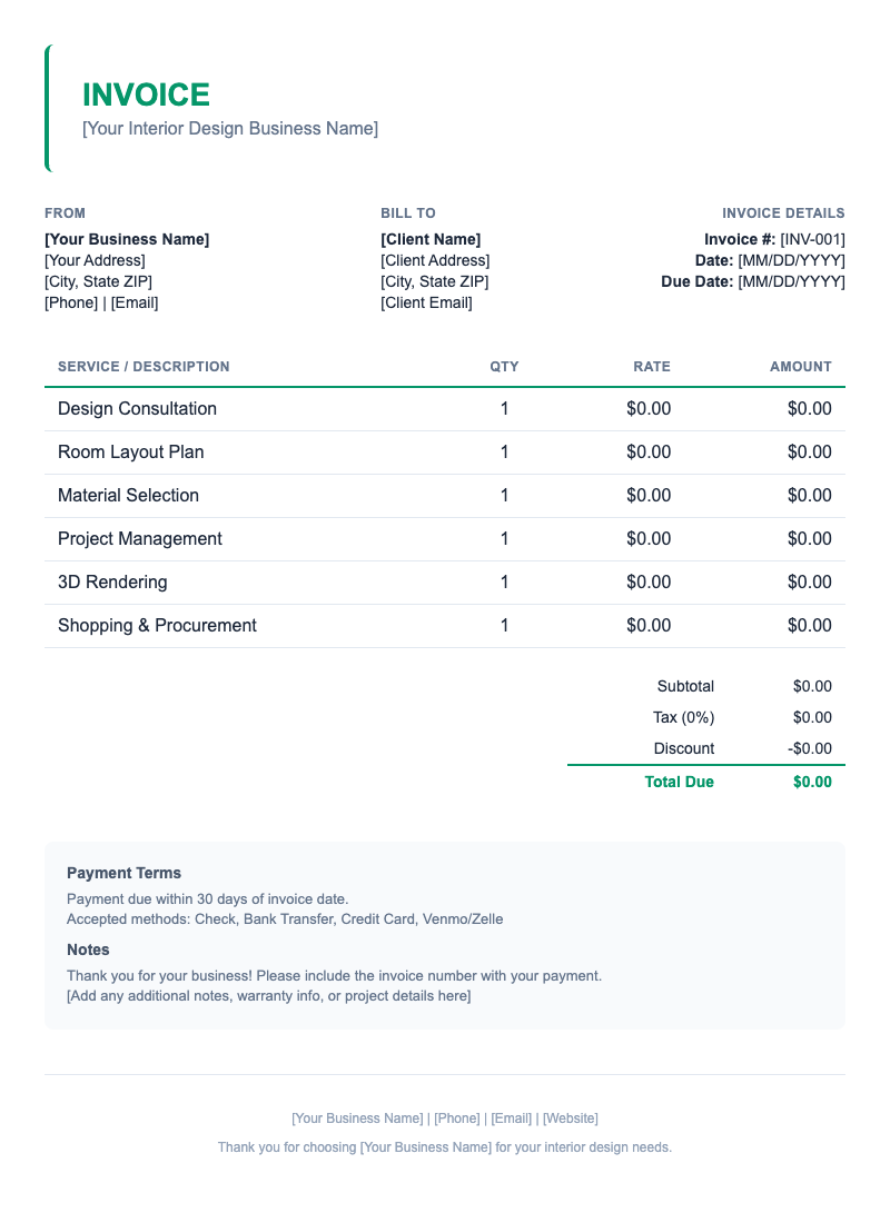 Minimal Invoice Template for Interior Design