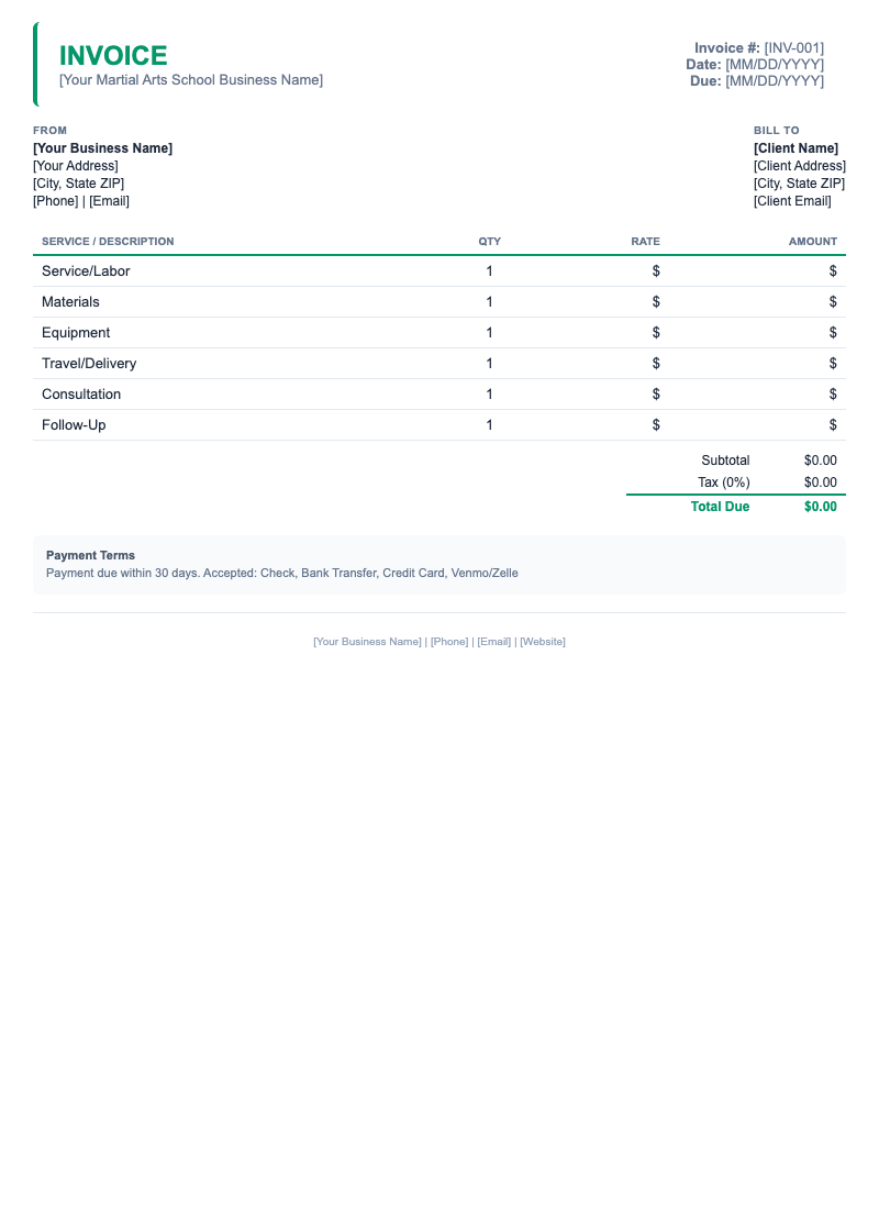 Minimal Invoice Template for Martial Arts School