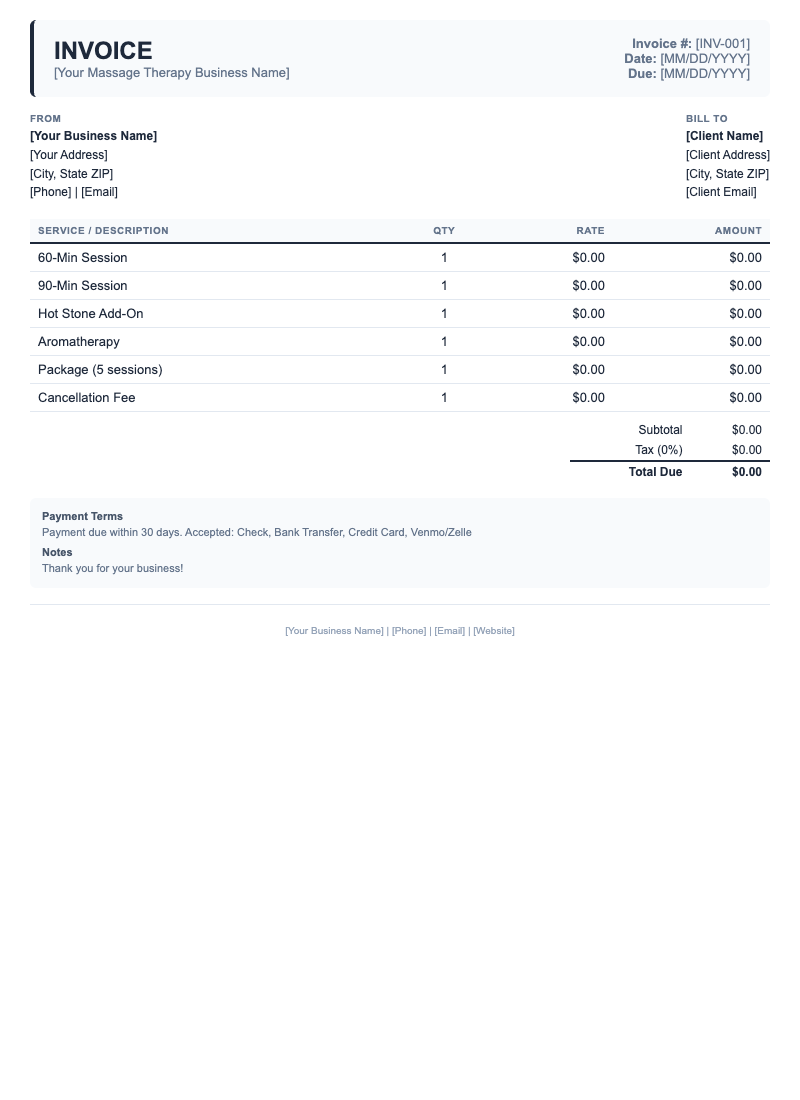 Classic Invoice Template for Massage Therapy