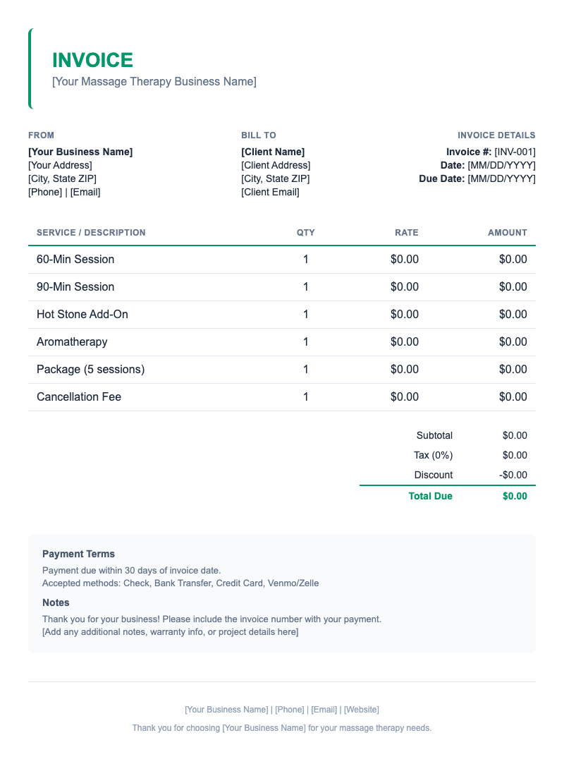 Minimal Invoice Template for Massage Therapy