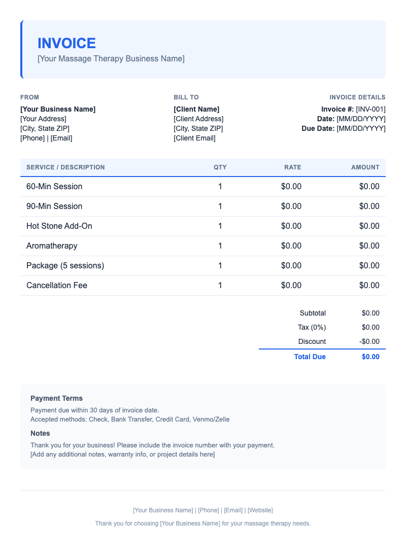 Modern Invoice Template for Massage Therapy