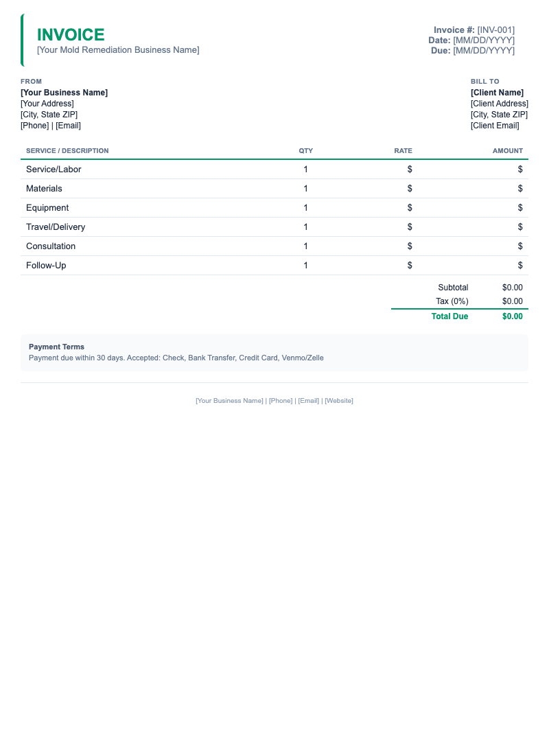 Minimal Invoice Template for Mold Remediation