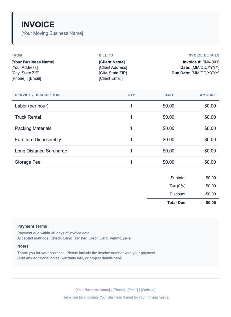 Classic Invoice Template for Moving