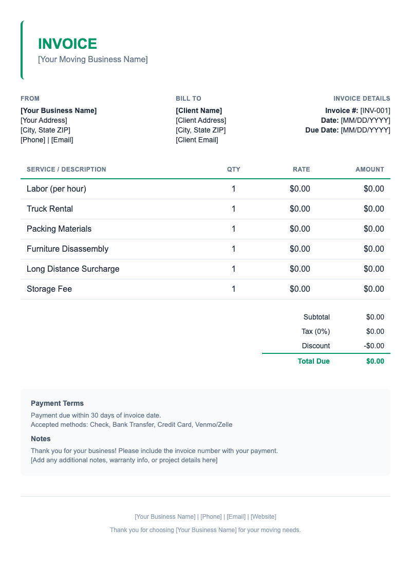 Minimal Invoice Template for Moving