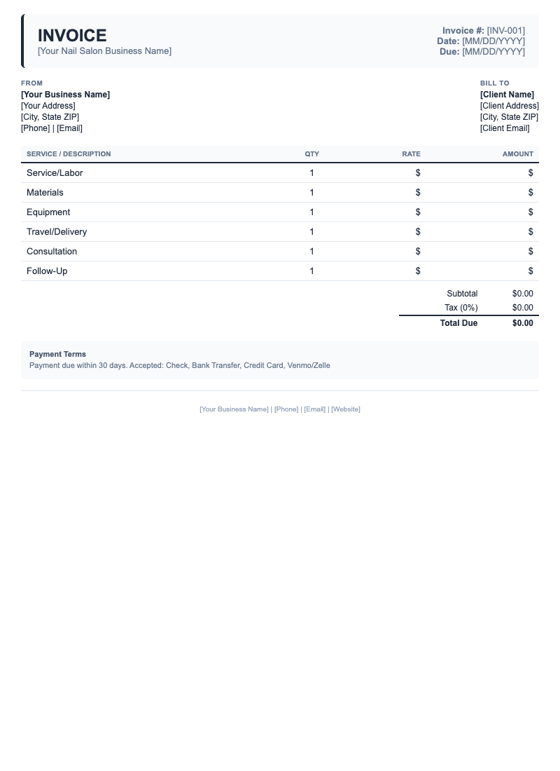 Classic Invoice Template for Nail Salon