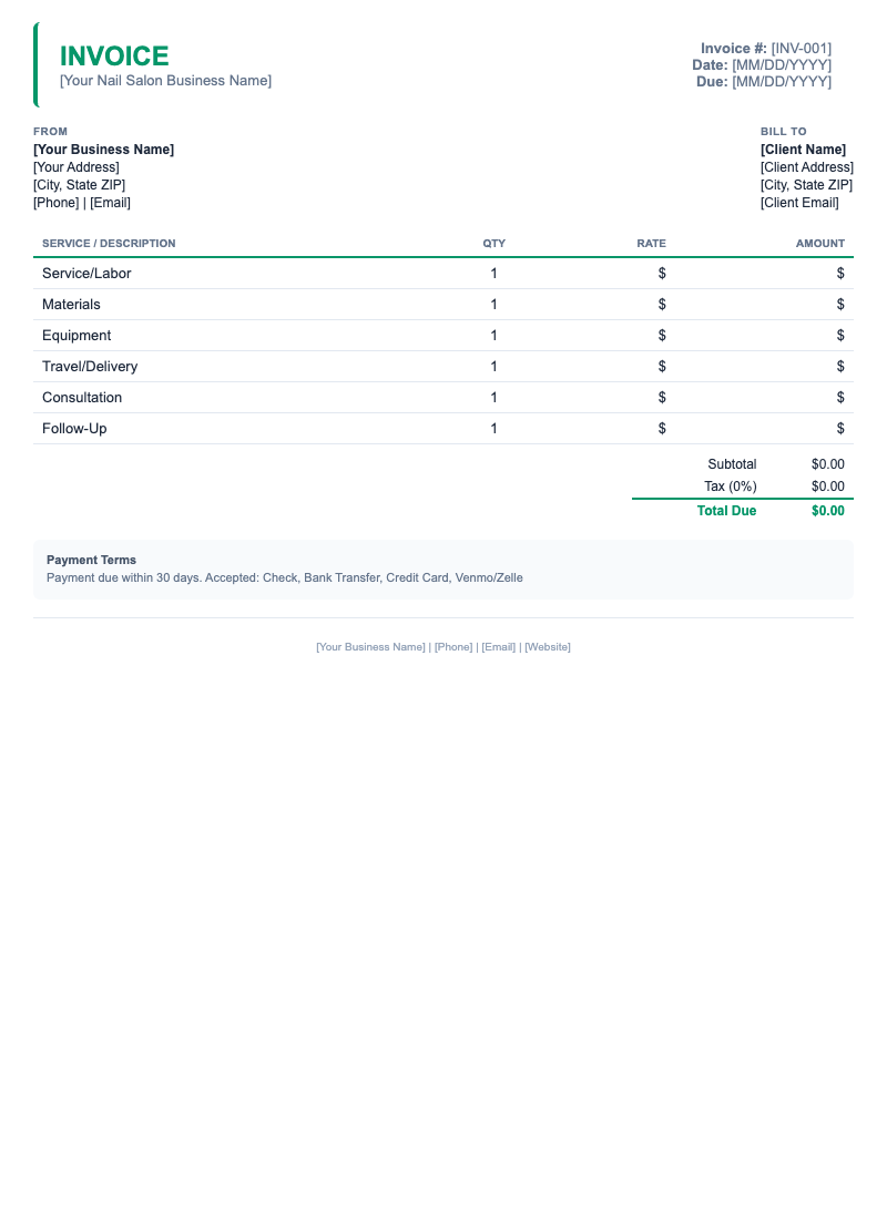Minimal Invoice Template for Nail Salon