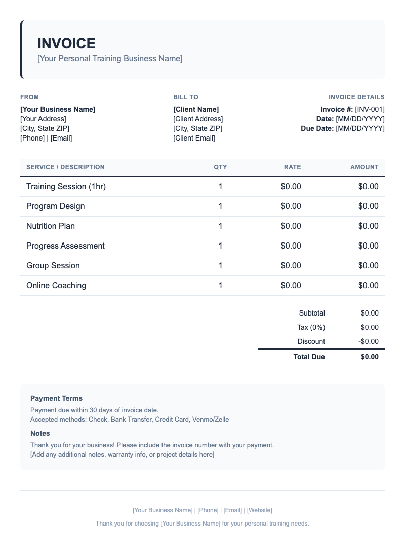 Classic Invoice Template for Personal Training