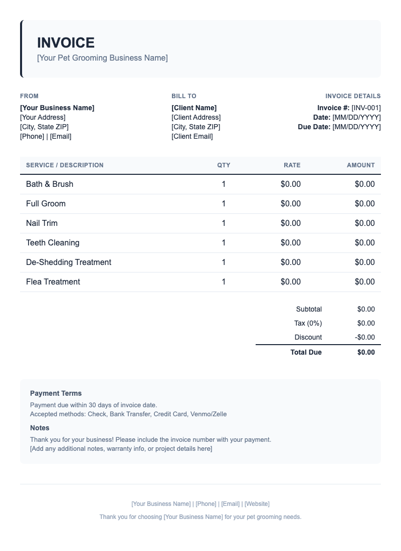 Classic Invoice Template for Pet Grooming