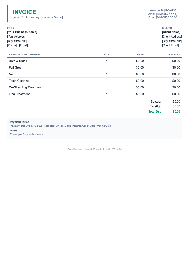 Minimal Invoice Template for Pet Grooming