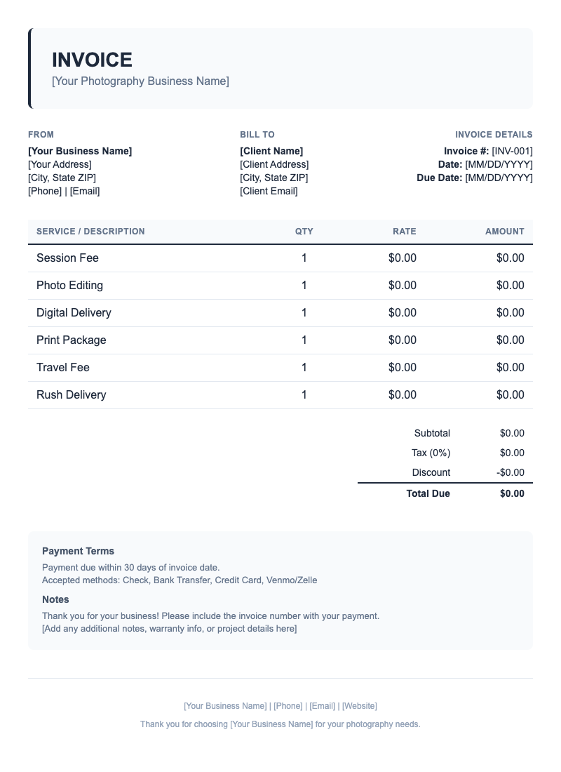 Classic Invoice Template for Photography