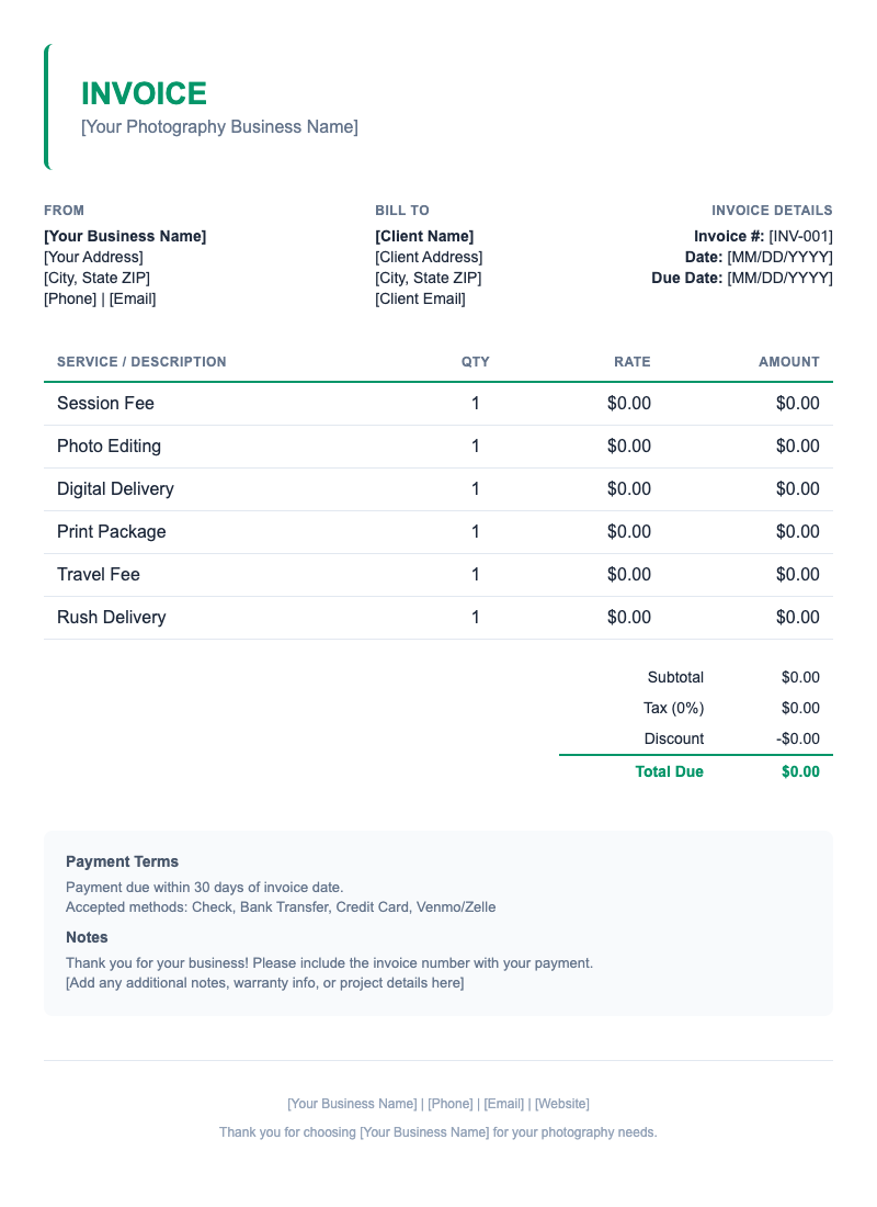 Minimal Invoice Template for Photography