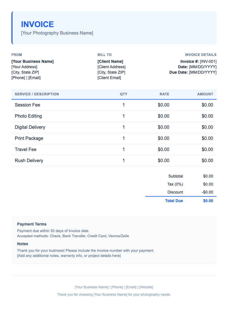 Modern Invoice Template for Photography