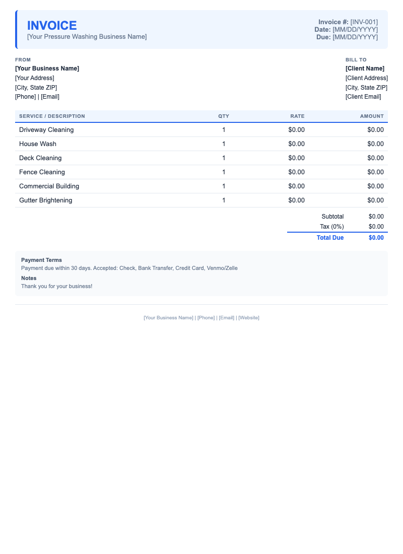 Modern Invoice Template for Pressure Washing
