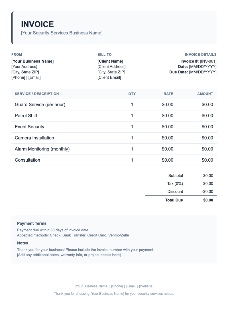 Classic Invoice Template for Security Services