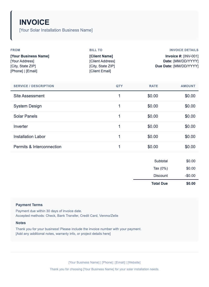 Classic Invoice Template for Solar Installation