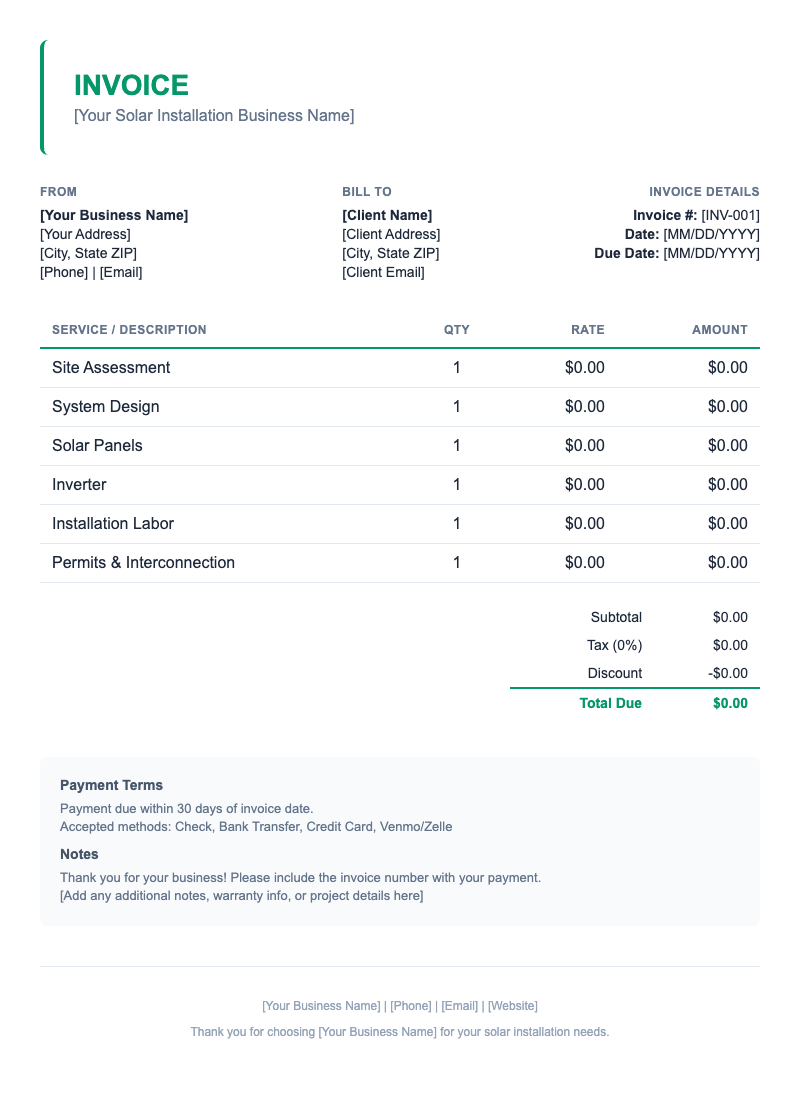 Minimal Invoice Template for Solar Installation