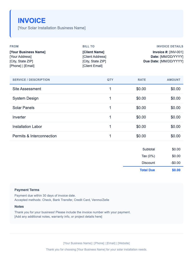Modern Invoice Template for Solar Installation
